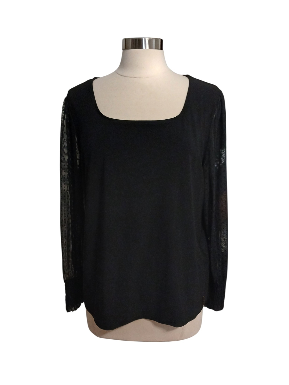 Anne Klein | Black Square Neck Long-Sleeve Top With Sheer Dotted Sleeves Size XL